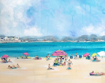 Original painting - Beach Life 30&quot;x30&quot; with acrylic paint and brush landscape, seascape, cityscape, aqua, gray, blue, pink