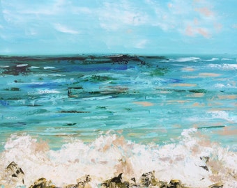 Aqua marinlandskap 1 - handdekorerat inslaget gicléetryck 24"x24" marinlandskap, aqua, guld, silver, hav, himmel, vågor, blå, elfenben, hav