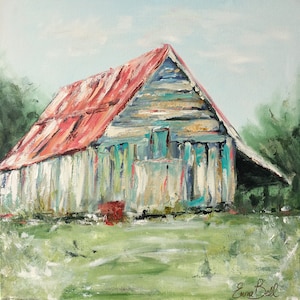 Abstract Painting of an AMERICAN BARN  Contemporary Interior Design Mixed Media Boho Decor Large landscape Art Painting Wall Decor