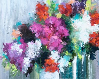 Hand embellished Wrapped Giclee Print 30"x 30"-Abstract Flower Painting Gifts, Impressionism Wall Art, Contemporary Colorful Flower Painting