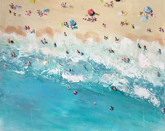 Beachlife  - wrapped Giclee print 24"x24" seascape, aqua, gold, silver, ocean, sky, waves, beach art for beachhouse