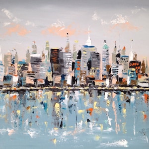 Wrapped giclee print 24"x24" abstract cityscape - new york, hong kong, london, bangkok, japan cityscape painting
