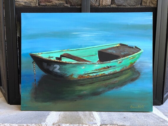 Realistic Painting Old Green Boat Contemporary Interior Design Acrylic Boho Decor Large Landscape Art Painting Wall Art