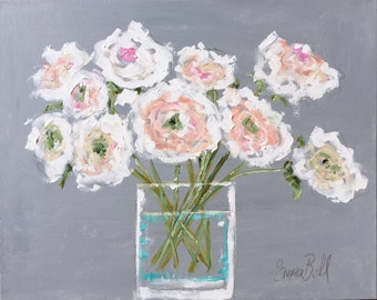 Original acrylic and charcoal painting - vase of flowers - peonies, floral, still life, palette knife painting, impressionism 24&quot;x30&quot;