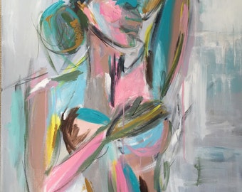 Hand embellished Wrapped giclee print 48"x 36" - aqua figure - abstract impressionism, contemporary, modern