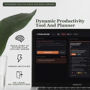 May include: A MacBook Pro displays a productivity tool and planner with the text "Dynamic Productivity Tool And Planner." The screen shows project management features, including a "Brain Dump" section and a "Develop Marketing Plan" section. The text "Designed for the ADHD Business Owners" is at the top.
