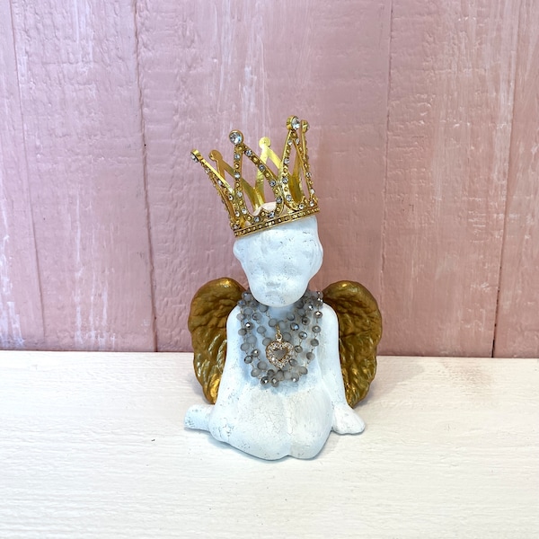 Small Cherub Statue With Gold Metal Rhinestone Crown Small Angel Cherub Statue Rustic Figurine Figure With Gold Wings