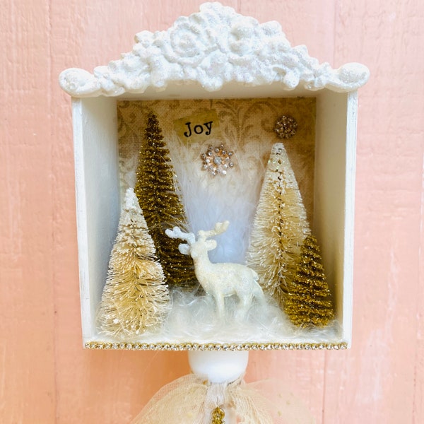 Christmas Shadowbox Winter Wonderland Joy Ornate Shadow Box Display Diorama White Gold Bottle Brush Trees Wooden Nature Vintage Inspired