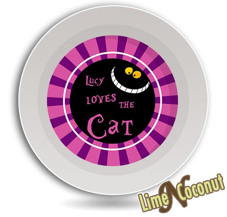 Kids Dish Children/'s Dinnerware PLATE Loves the Cat Cheshire Cat Alice in Wonderland inspired Plate and Bowl Set Childrens Tableware
