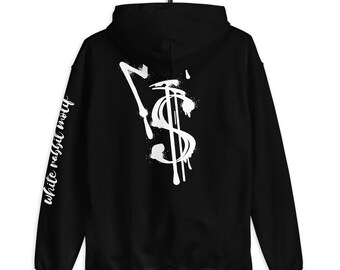 May include: Black hooded sweatshirt with a white spray paint design of a dollar sign with a hammer and lightning bolt. The text "white rabbit money" is on the left sleeve.