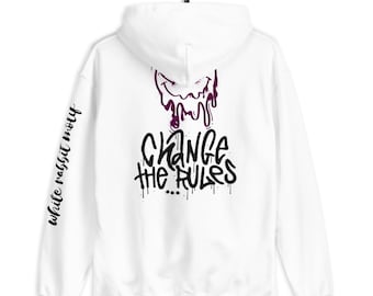 May include: White hooded sweatshirt with a purple dripping graphic and the text "Change the Rules" in black. The text "white rabbit motif" is written vertically on the left sleeve.