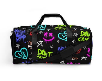 Don’t Cry Edition Neon Graffiti Duffle Bag – Black Streetwear Gym Bag, Urban Art Travel Bag with “Don’t Cry” & “Never Stop” Print