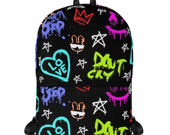 Don’t Cry Edition Graffiti Backpack – Neon Urban Streetwear Bag, Edgy School Backpack, Bold Drip Print with Underground Vibes