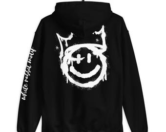 May include: Black hooded sweatshirt with a white smiley face graphic wearing a crown. The text "white rabbit" is printed on the left sleeve.