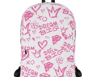 Dream Big Pink Graffiti Backpack – Medium Size Streetwear Bag, Cute & Edgy XO Crown Print, Urban School or Travel Backpack