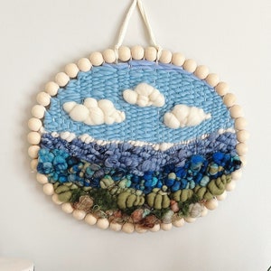 Woven Wall Hanging Round Landscape Fiber Art, Blue and Green Wall Weaving for Home Decor, Unique Housewarming Gift image 1