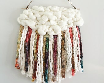 Woven Wall Hanging, Colorful Cloud Fiber Art Wall Decor, Textured Tapestry, Artistic Birthday Gift