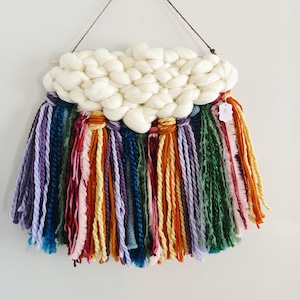 Woven Wall Hanging, Rainbow Cloud Fiber Art, Colorful Boho Decor, Unique Housewarming Gift image 1