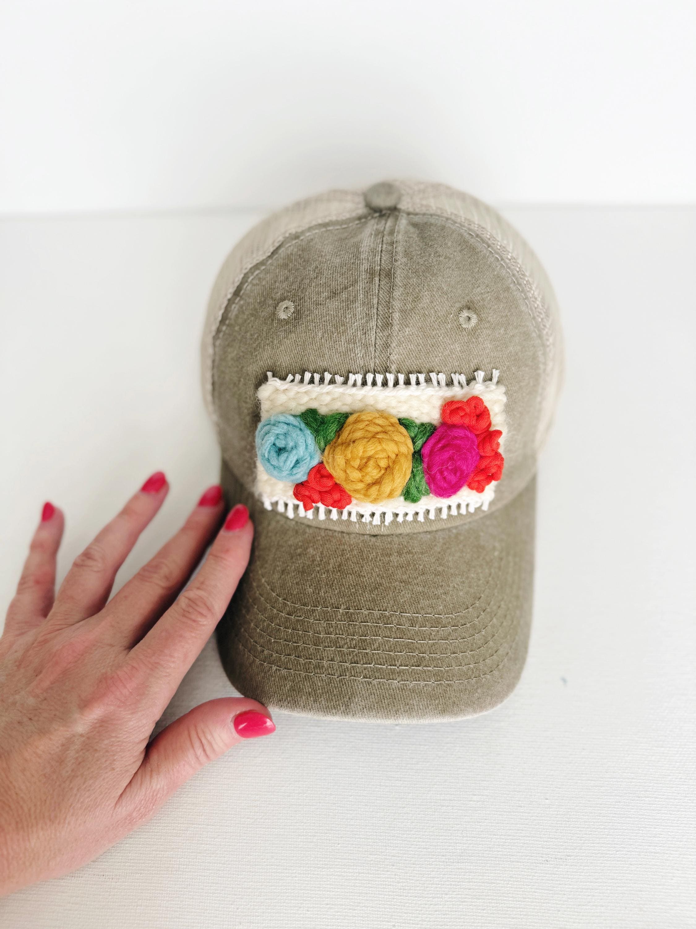 Handmade Floral Embroidery Trucker Hat: Khaki Denim Boho Cap  display picture 2