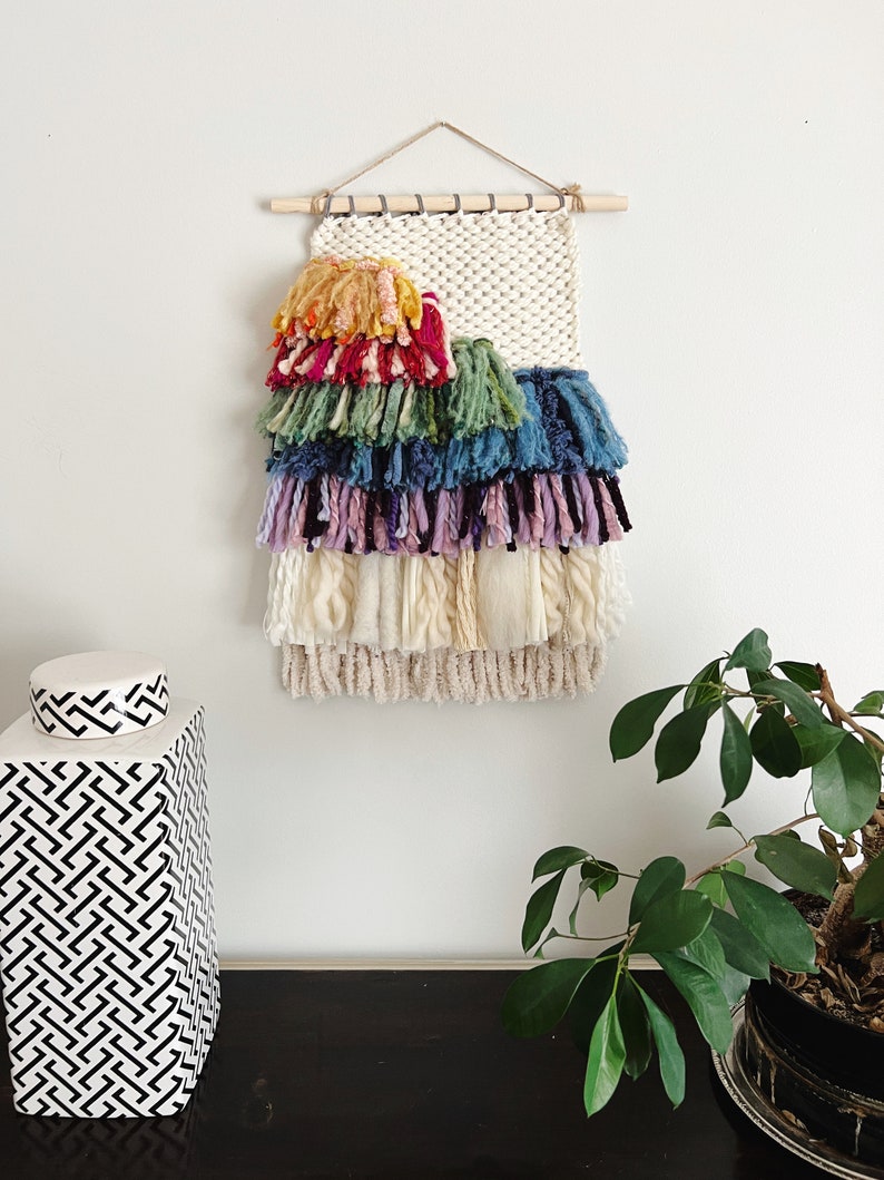 Vibrant Woven Wall Hanging, Rainbow Fiber Artwork, Boho Chic Wall Weaving, Ideal Gift for Art Lovers image 2