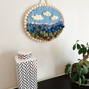 Woven Wall Hanging Round Landscape Fiber Art, Blue and Green Wall Weaving for Home Decor, Unique Housewarming Gift image 6