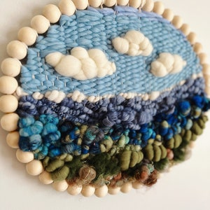 Woven Wall Hanging Round Landscape Fiber Art, Blue and Green Wall Weaving for Home Decor, Unique Housewarming Gift image 2