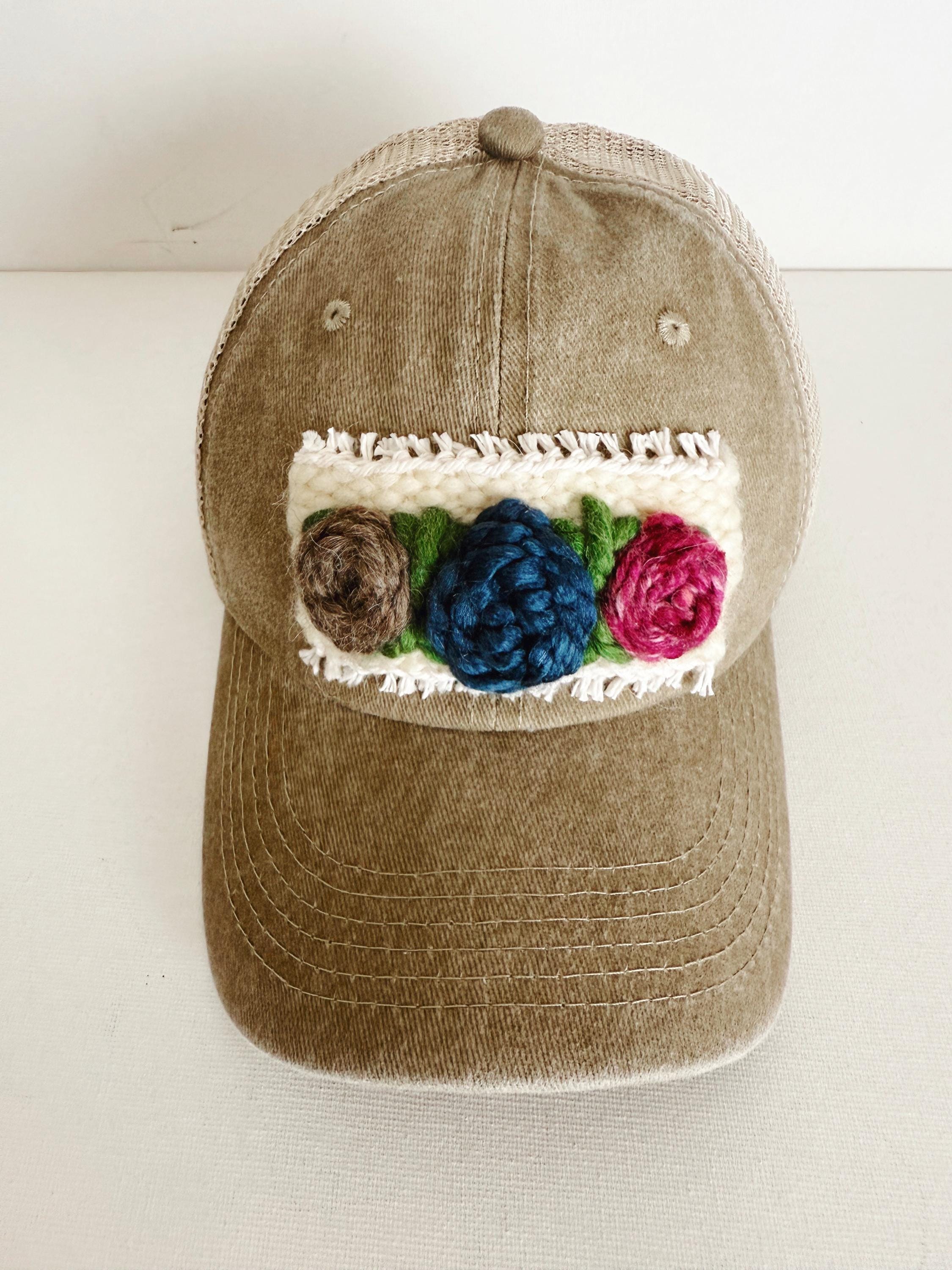 Handmade Floral Embroidery Trucker Hat – Boho Khaki Denim  display picture 1