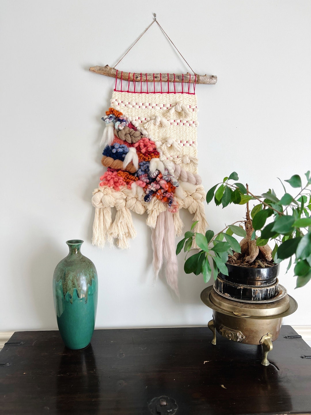 Image showcasing Coral & Blue Woven Wall Art Contemporary Fiber Art Wall Hanging Stylish ...