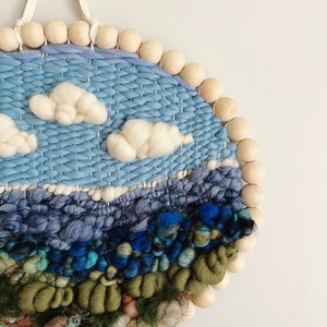 Woven Wall Hanging Round Landscape Fiber Art, Blue and Green Wall Weaving for Home Decor, Unique Housewarming Gift image 5