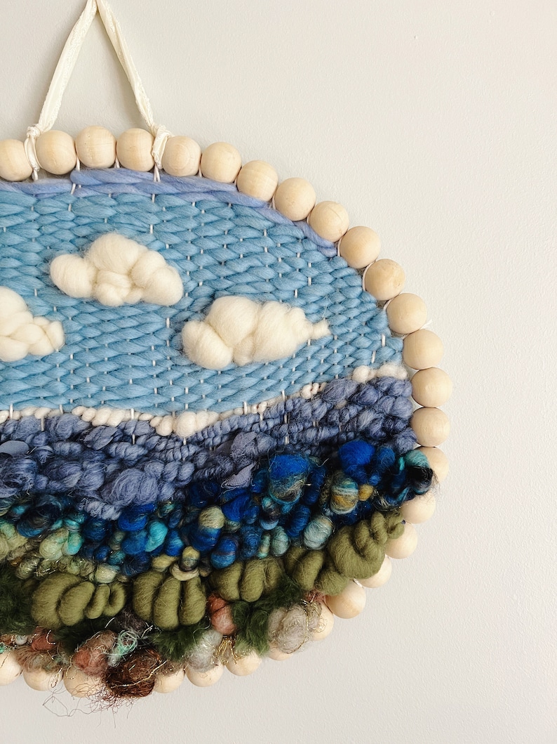 Woven Wall Hanging Round Landscape Fiber Art, Blue and Green Wall Weaving for Home Decor, Unique Housewarming Gift image 5