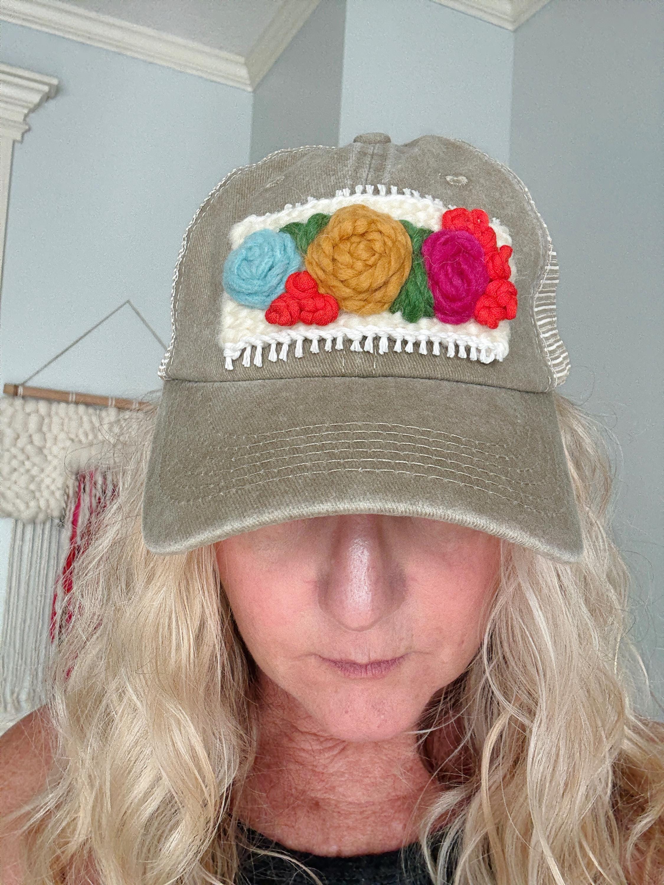 Green  custom Floral Patch Trucker Hat with Denim Flowers Handmade Floral Embroidery Trucker Hat – Boho Khaki Denim  main image 3