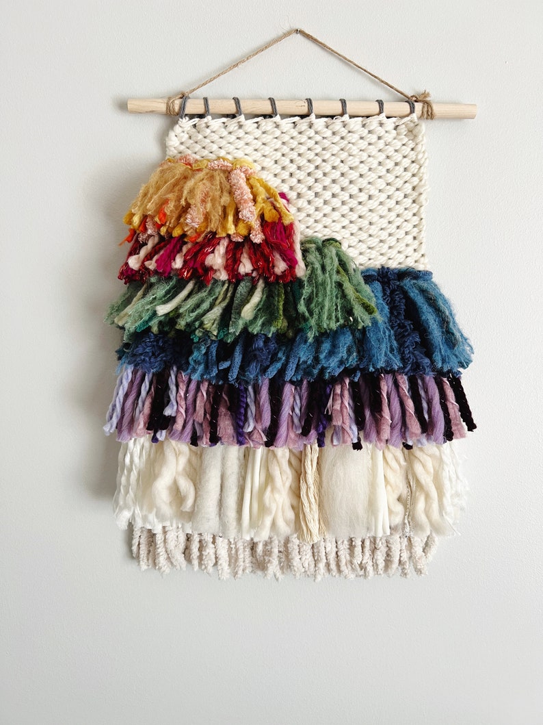 Vibrant Woven Wall Hanging, Rainbow Fiber Artwork, Boho Chic Wall Weaving, Ideal Gift for Art Lovers image 3