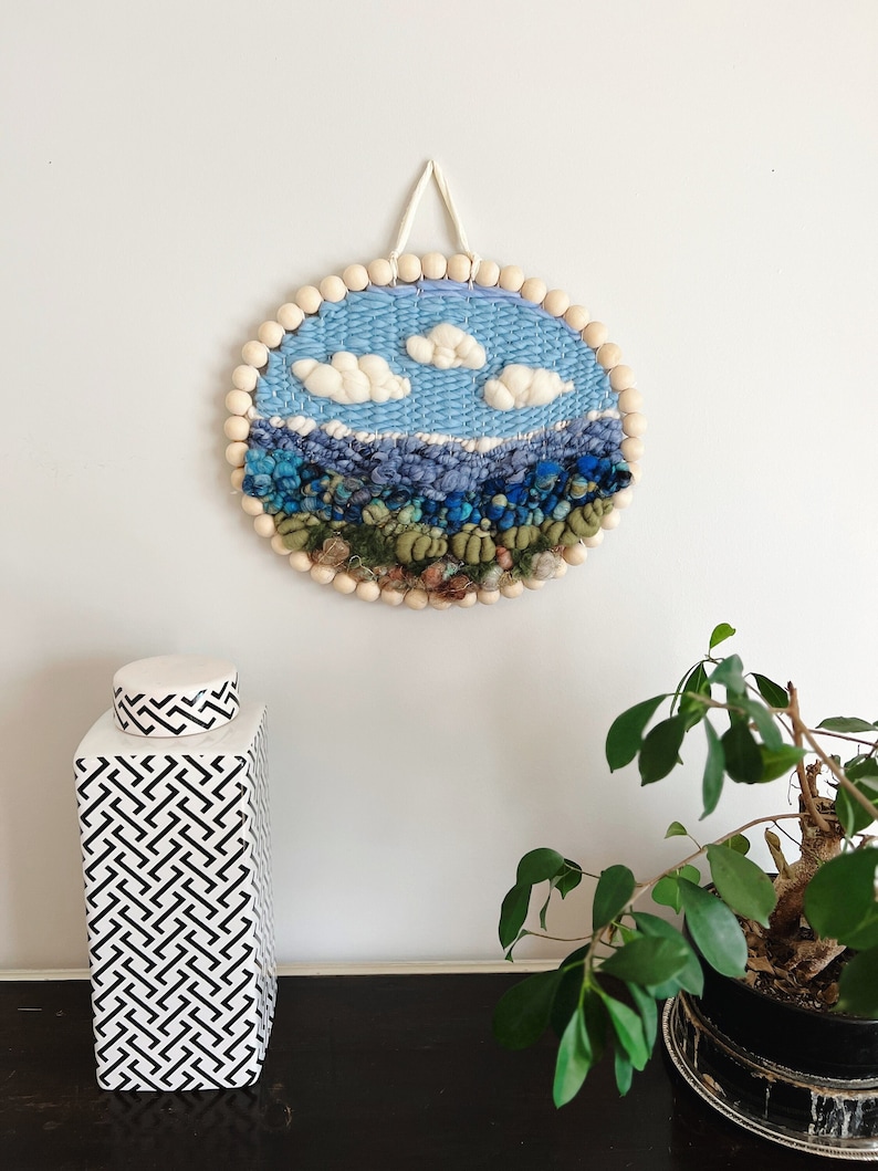 Woven Wall Hanging Round Landscape Fiber Art, Blue and Green Wall Weaving for Home Decor, Unique Housewarming Gift image 1