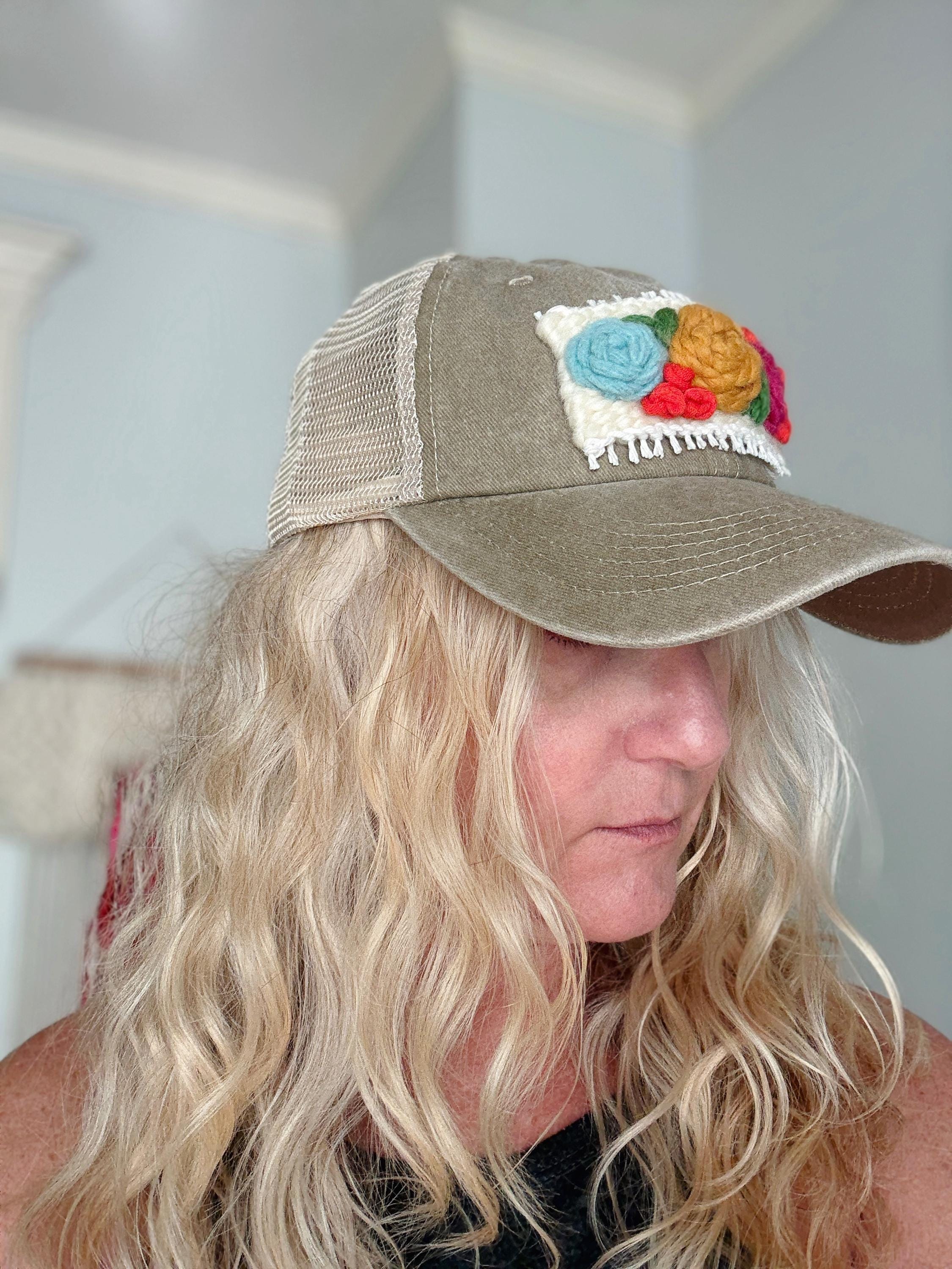 Handmade Floral Embroidery Trucker Hat: Khaki Denim Boho Cap  display picture 1