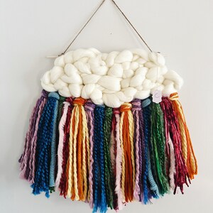 Woven Wall Hanging, Rainbow Cloud Fiber Art, Colorful Boho Decor, Unique Housewarming Gift image 6