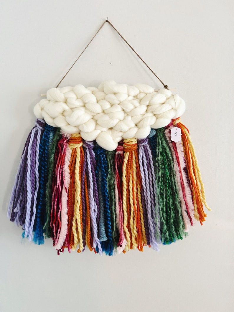 Woven Wall Hanging, Rainbow Cloud Fiber Art, Colorful Boho Decor, Unique Housewarming Gift image 1