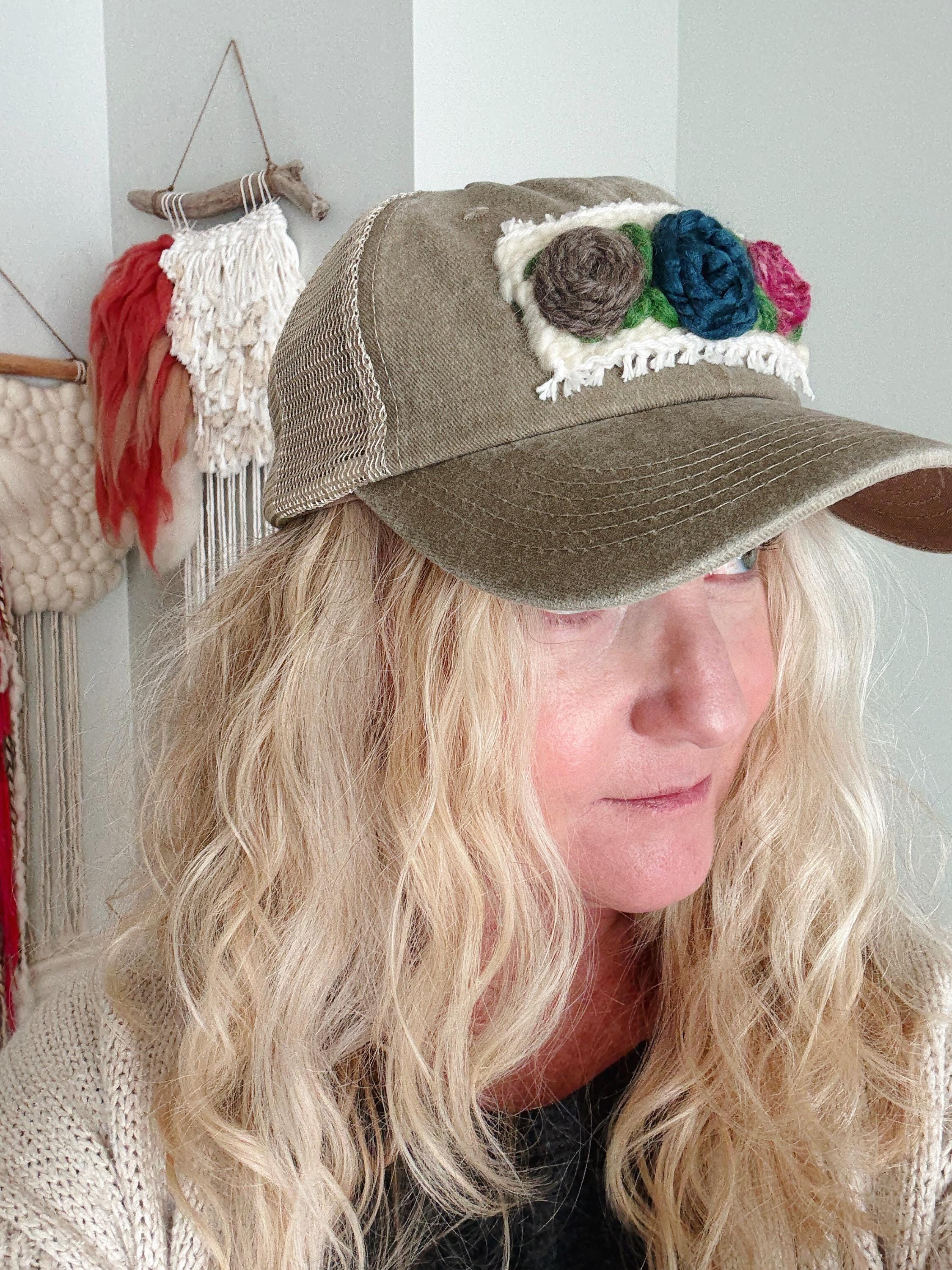 Handmade Floral Embroidery Trucker Hat – Boho Khaki Denim 