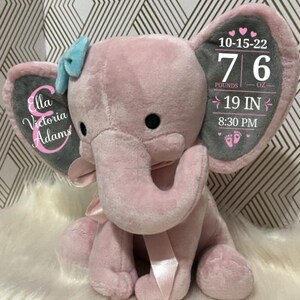 Personalized Birth Announcement Keepsake, Birth Stats Elephant, Baby Shower Present, Customized Stuffed Elephant, Nursery Decor, Memory Bear