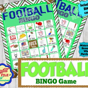 Op de afbeelding: Groene en bruine printbare voetbalbingo-kaarten met afbeeldingen van voetbalgerelateerde activiteiten. De tekst op de kaarten luidt "Football Bingo Game" en "Bevat 20 bingokaarten!"