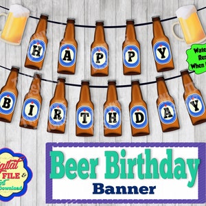 May include: A printable banner with a string of brown beer bottles with blue circles and white letters spelling "HAPPY BIRTHDAY". The banner is on a woodgrain background with a beer mug at the top and a sign that says "Beer Birthday Banner".