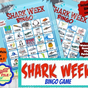Bingo de tiburones, Juego de actividades de la semana del tiburón, 20 cartas únicas, Tarjetas de visita, Juega mientras miras, Digital, Imprimible, Descarga instantánea, PDF