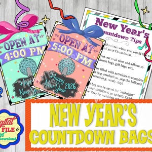 Borse per il conto alla rovescia di Capodanno, attività per bambini con conto alla rovescia orario fino al 2026, divertimento con la caduta della palla, festa virtuale di Capodanno, download istantaneo stampabile