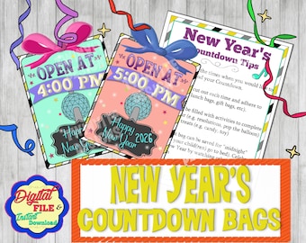 New Years Eve Countdown Bags, Hourly Countdown to 2026 Activity for Kids, Ball Drop Fun, Virtual Celebration NYE, Printable Instant Download