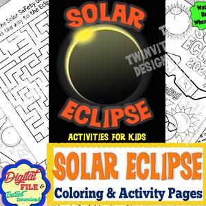 Solar Eclipse Coloring and Activity Pages, 2024 April Eclipse Event Kids Activity Games Fun, Glasses, Teach Printable, Instant Download PDF
