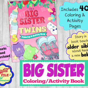 Big Sister to TWINS Coloring and Activity Book, Becoming a Big Sister Gift, How to Be a Sibling Activity, Digital Printable Instant Download