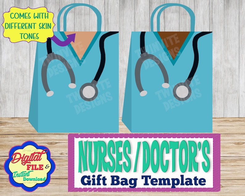 Puede incluir: Una plantilla imprimible para una bolsa de regalo con un top azul de cirujano con un estetoscopio. El texto "NURSES/DOCTOR'S Gift Bag Template" est&aacute; en la parte inferior de la imagen.