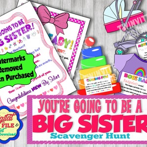 Op de afbeelding: Een roze en witte printbare speurtocht voor een grote zus. De tekst luidt "You're going to be a big sister! Scavenger Hunt".