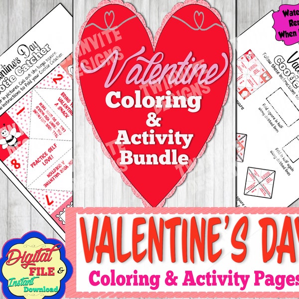 Valentines Day Coloring and Activity Pages, 2024 February St Vday Holiday Bundle, Cootie Catcher, I spy, Maze Word Find, Kids Fun, Printable