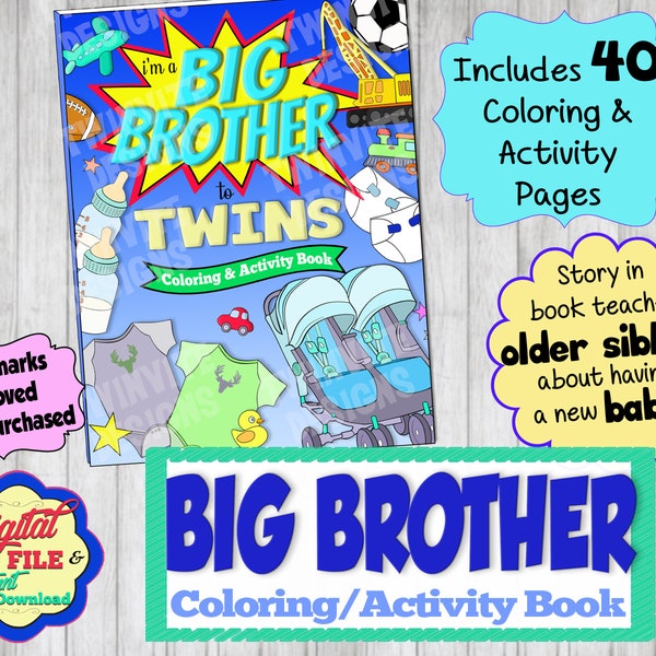 Big Brother to TWINS Coloring and Activity Book, Becoming a Big Brother Gift, How to Be a Sibling Activity, Printable Digital, Instant Dwnld