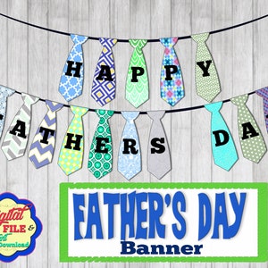May include: A printable Father's Day banner with a tie design. The banner says "Happy Father's Day" in black letters on a colorful tie pattern. The banner is on a gray wood background.